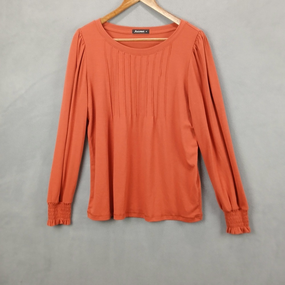 Automet Blouse Top Womens Large Orange Stretch Smocked Pleated Detail Comfort